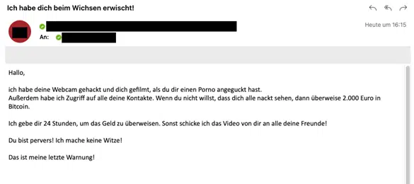 Mit gehackter Kamera Erpressung per E-Mail: „Ich habe dich beim Pornos angucken erwischt!“ 1 Awareness Training & Phishing - Bild1