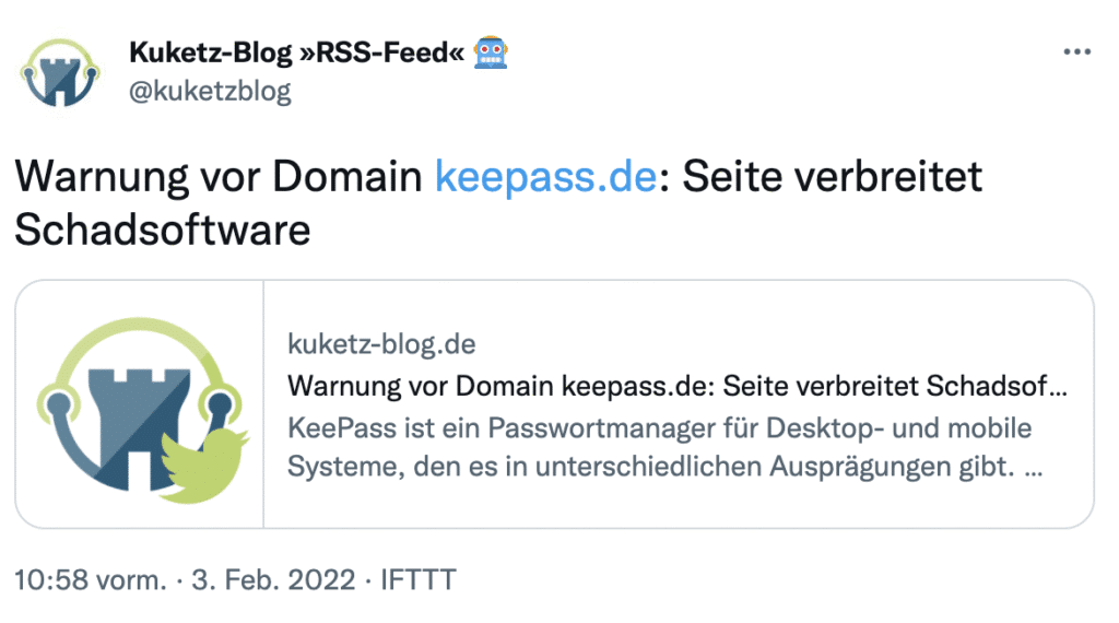 Eine Warnung von der Seite keepass.de auf Twitter.