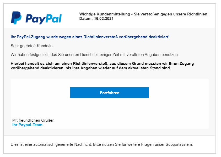 Awareness Training & Phishing - paypal mail