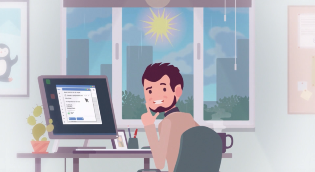 Cybersecurity Awareness-Schulung: Sind Mitarbeitende Risiko oder Superkraft? 3 Ausschnitt aus einem animierten Video. Ein Mitarbeiter sitzt vor seinem Computer und überlegt, wie er eine Mail darauf überprüfen kann, ob es sich um Phishing handelt.